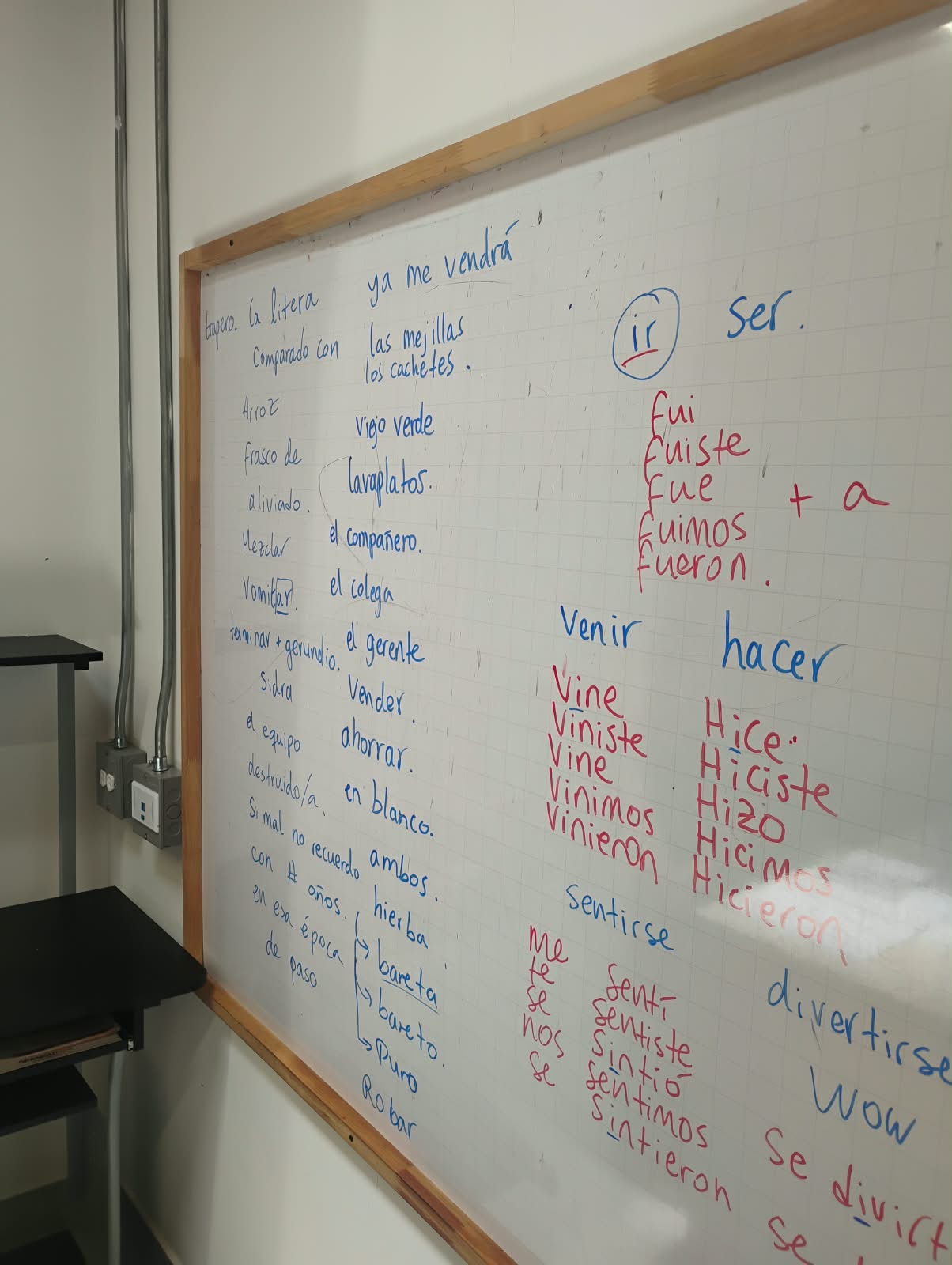 Pizarra de clase con vocabulario y conjugaciones en español